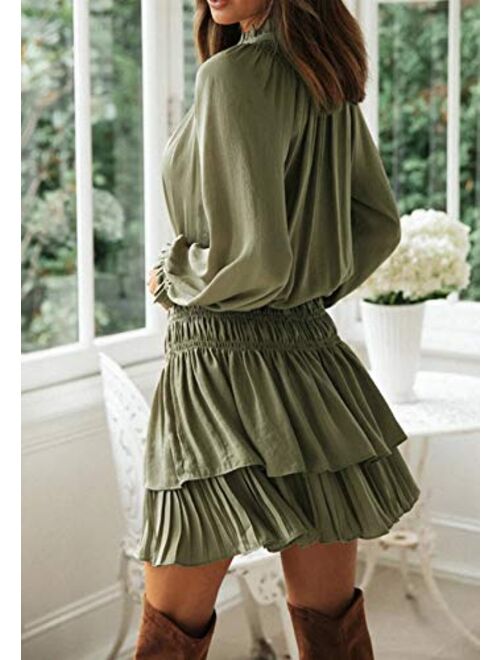 R.Vivimos Women's Cotton Long Sleeves V Neck Layered Ruffles Pleated Swing Mini Dress