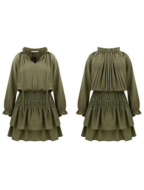 R.Vivimos Women's Cotton Long Sleeves V Neck Layered Ruffles Pleated Swing Mini Dress