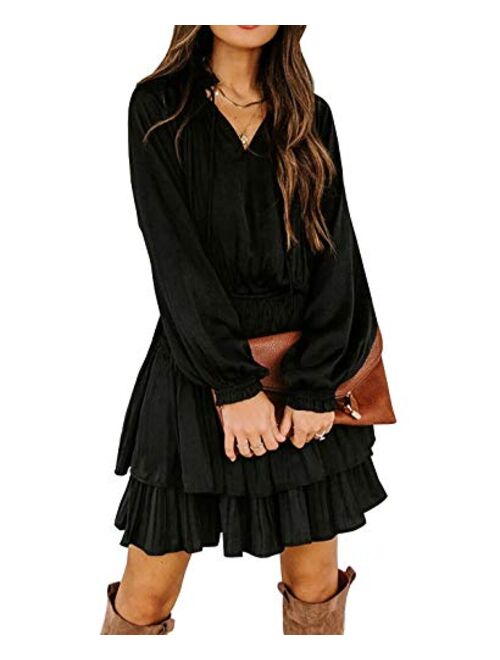 R.Vivimos Women's Cotton Long Sleeves V Neck Layered Ruffles Pleated Swing Mini Dress