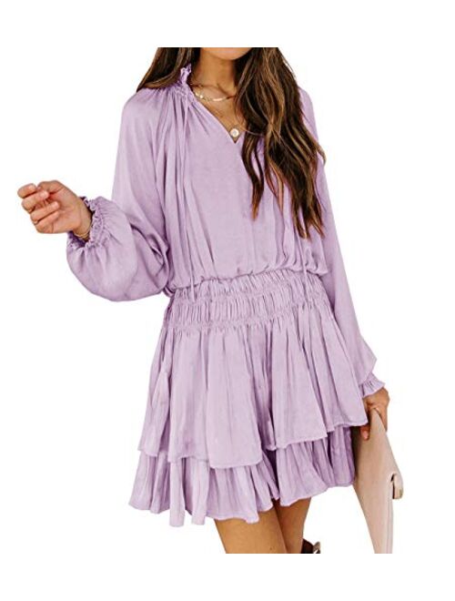 R.Vivimos Women's Cotton Long Sleeves V Neck Layered Ruffles Pleated Swing Mini Dress