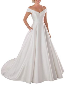 Women's A Line Long Wedding Dress Off The Shoulder Satin Bridal Dresses for Bride