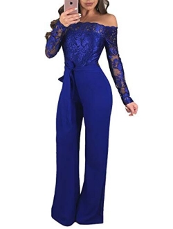 ECHOINE Womens Sexy Off Shoulder Jumpsuit Long Sleeve Bodycon Wide Leg Floral Lace Romper with Belt