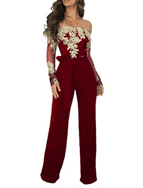 ECHOINE Womens Sexy Off Shoulder Jumpsuit Long Sleeve Bodycon Wide Leg Floral Lace Romper with Belt