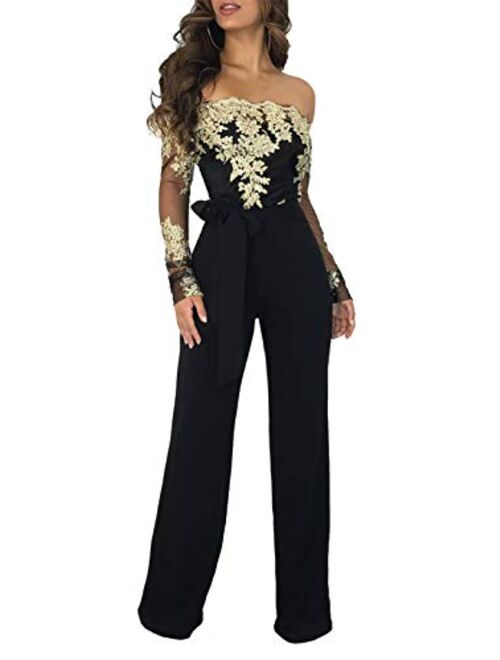 ECHOINE Womens Sexy Off Shoulder Jumpsuit Long Sleeve Bodycon Wide Leg Floral Lace Romper with Belt