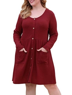 Nemidor Women's Long Sleeve Casual Button Down Midi Loose Dress Plus Size Babydoll Tunic Dress with Pockets NEM256