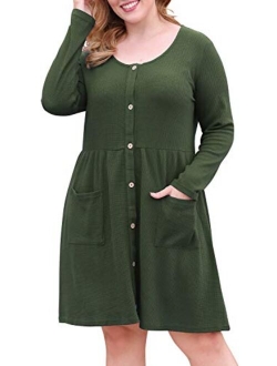 Nemidor Women's Long Sleeve Casual Button Down Midi Loose Dress Plus Size Babydoll Tunic Dress with Pockets NEM256