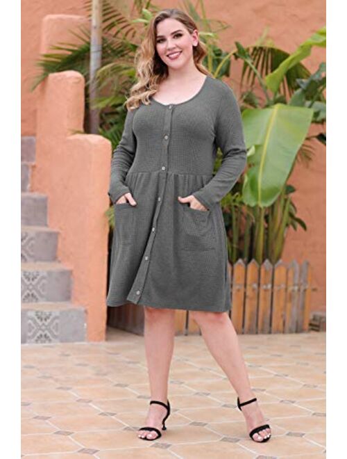 Nemidor Women's Long Sleeve Casual Button Down Midi Loose Dress Plus Size Babydoll Tunic Dress with Pockets NEM256