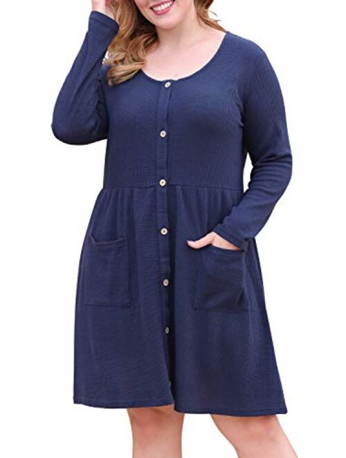 Nemidor Women's Long Sleeve Casual Button Down Midi Loose Dress Plus Size Babydoll Tunic Dress with Pockets NEM256