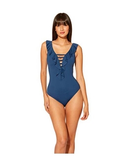 Bleu Rod Beattie Rufflicious Lace Down Over The Shoulder One-Piece with Removable Cups