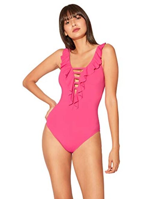 Bleu Rod Beattie Rufflicious Lace Down Over The Shoulder One-Piece with Removable Cups