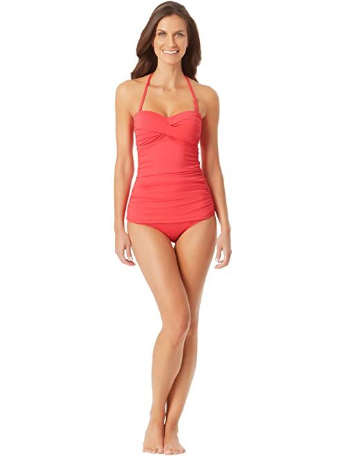 Anne Cole Twist Front Shirred Bandeaukini with Sewn In Cups and Removable Strap