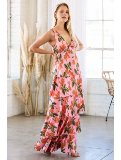 Party in Palm Springs Pink Floral Print Satin Tiered Maxi Dress