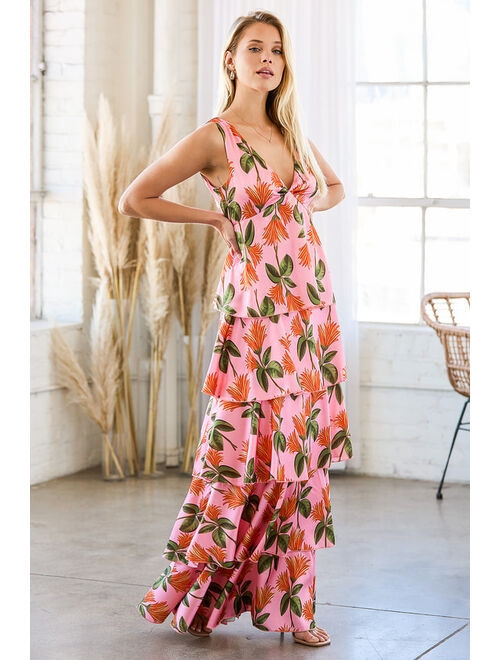 Lulus Party in Palm Springs Pink Floral Print Satin Tiered Maxi Dress