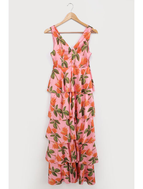 Lulus Party in Palm Springs Pink Floral Print Satin Tiered Maxi Dress