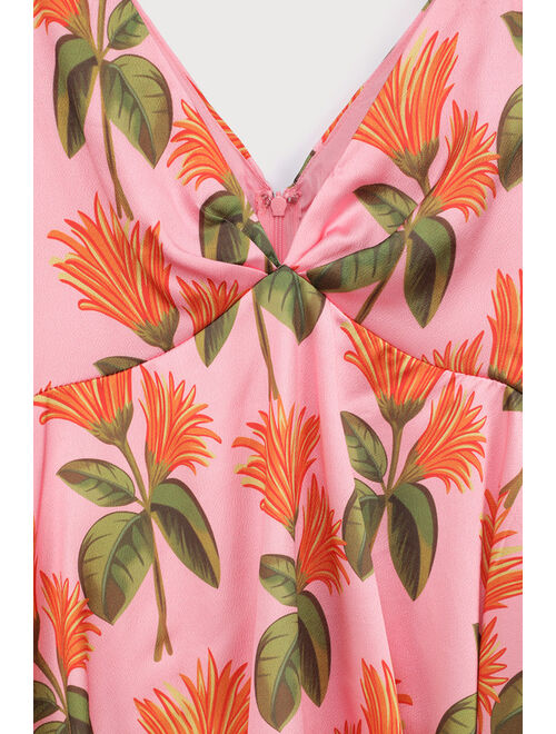 Lulus Party in Palm Springs Pink Floral Print Satin Tiered Maxi Dress