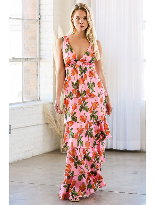 Lulus Party in Palm Springs Pink Floral Print Satin Tiered Maxi Dress