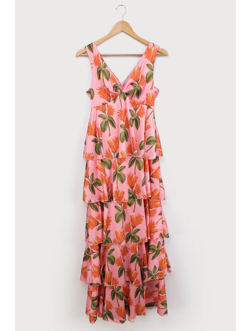 Lulus Party in Palm Springs Pink Floral Print Satin Tiered Maxi Dress