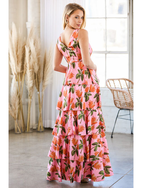 Lulus Party in Palm Springs Pink Floral Print Satin Tiered Maxi Dress