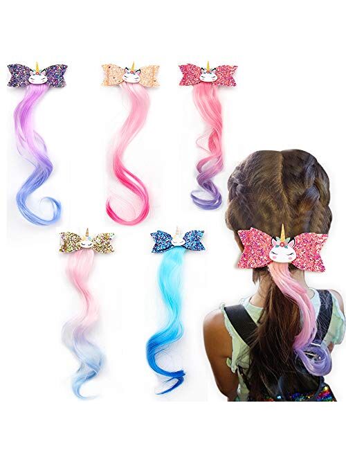 Unicorn Glitter Hair Bows Princess Dress Up Braided Curly Wig Hair Extension for Kids Costume Hair Accessories (AE unicorn wig 5PCS)