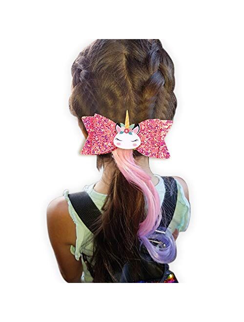 Unicorn Glitter Hair Bows Princess Dress Up Braided Curly Wig Hair Extension for Kids Costume Hair Accessories (AE unicorn wig 5PCS)