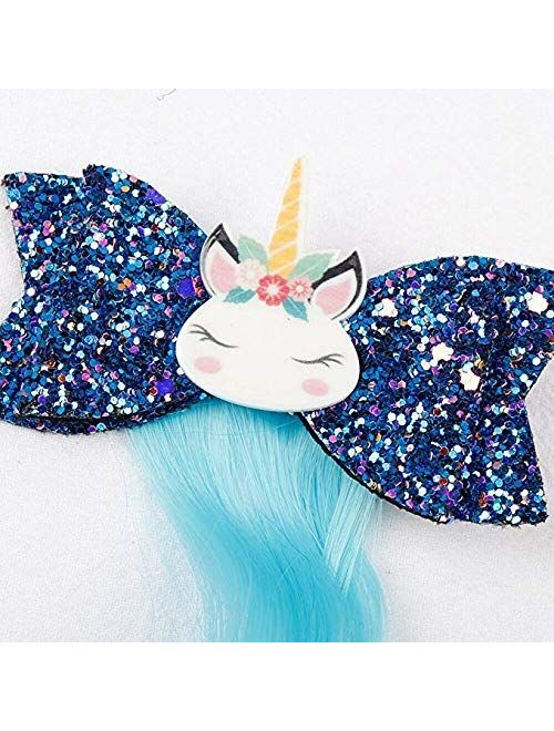 Unicorn Glitter Hair Bows Princess Dress Up Braided Curly Wig Hair Extension for Kids Costume Hair Accessories (AE unicorn wig 5PCS)