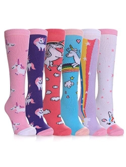 SDBING 3-12 Years Old Girls Knee High Socks Kids Cute Funny Animal Pattern Long Boot Socks 6 Pairs