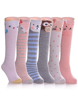 SDBING 3-12 Years Old Girls Knee High Socks Kids Cute Funny Animal Pattern Long Boot Socks 6 Pairs