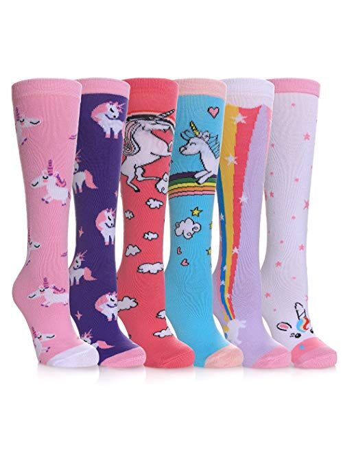 SDBING 3-12 Years Old Girls Knee High Socks Kids Cute Funny Animal Pattern Long Boot Socks 6 Pairs