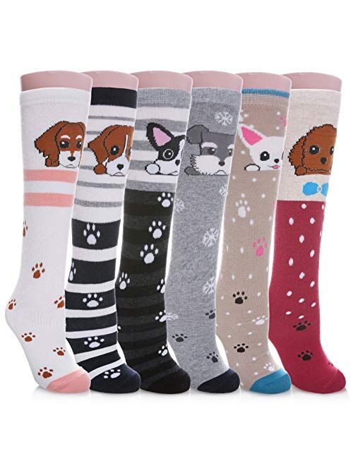 SDBING 3-12 Years Old Girls Knee High Socks Kids Cute Funny Animal Pattern Long Boot Socks 6 Pairs