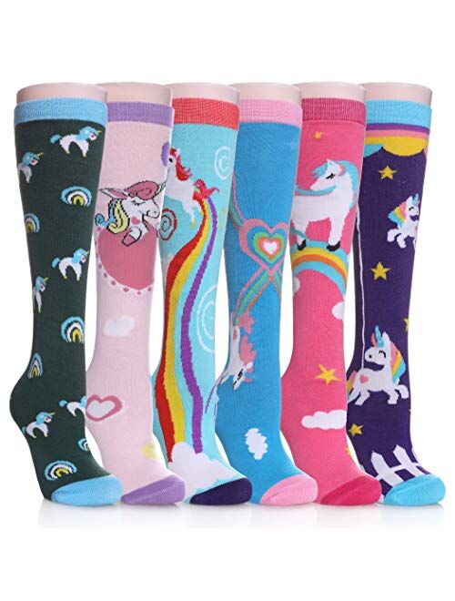 SDBING 3-12 Years Old Girls Knee High Socks Kids Cute Funny Animal Pattern Long Boot Socks 6 Pairs