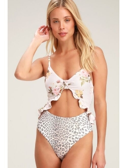 Power 2 the Flower Carly Pink Floral and Leopard Print Cutout One-Piece Swimsuit