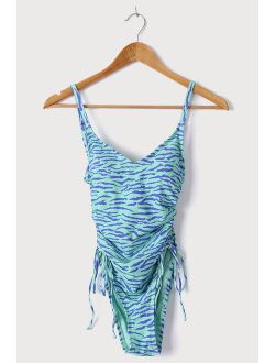 Buy Lulus Make Waves Mint Zebra Print Ruched One-Piece Swimsuit online