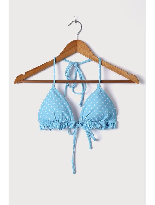 Lulus So Much to Sea Light Blue Polka Dot Ruffled String Bikini Top