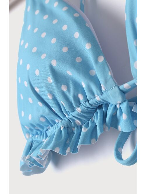 Lulus So Much to Sea Light Blue Polka Dot Ruffled String Bikini Top