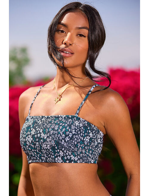 Rhythm Fields Teal Floral Print Smocked Longline Bandeau Bikini Top