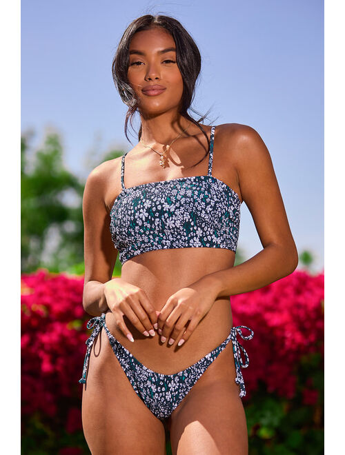 Rhythm Fields Teal Floral Print Smocked Longline Bandeau Bikini Top