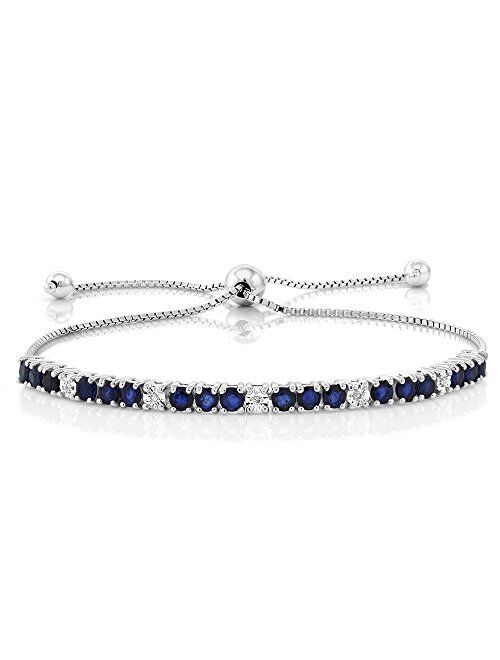 Gem Stone King Sterling Silver Blue Sapphire and White Diamond Tennis Bracelet Jewelry for Women's 2.05 cttw Fully Adjustable Up to 9 Inch