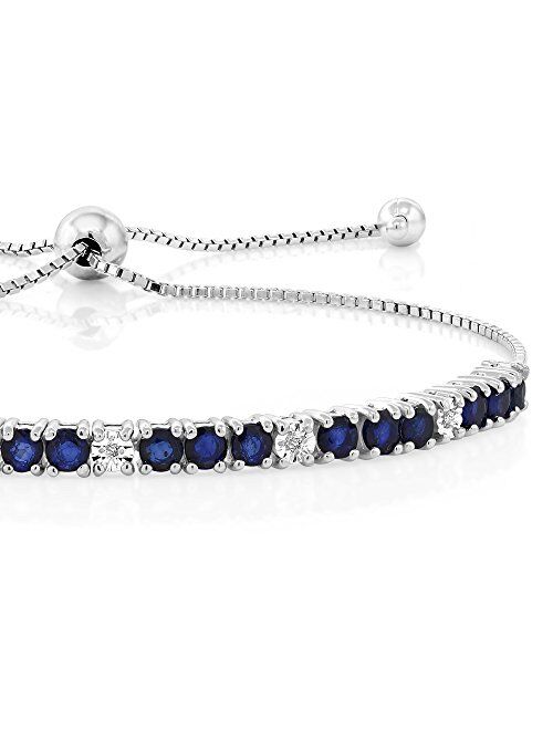 Gem Stone King Sterling Silver Blue Sapphire and White Diamond Tennis Bracelet Jewelry for Women's 2.05 cttw Fully Adjustable Up to 9 Inch