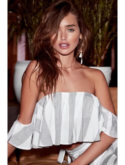 Sea of Cortez Grey and White Striped Off-the-Shoulder Crop Top