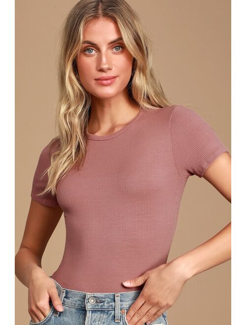 Lulus Kinship Mauve Ribbed Bodysuit