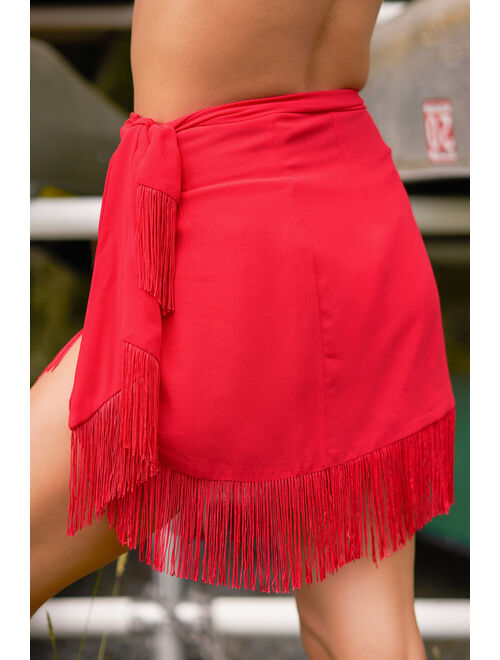 Lulus Poolside Babe Red Fringe Sarong Wrap Swim Cover-Up