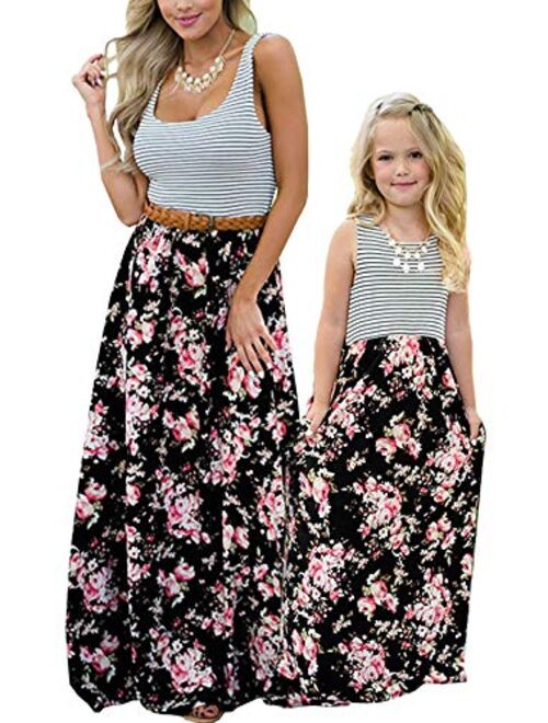 Qin.Orianna Mommy and Me Matching Maxi Dresses,Sleeveless Top Bohemia Floral Printed Matching Outfits with Pockets