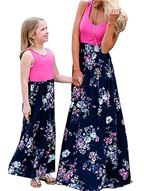 Qin.Orianna Mommy and Me Matching Maxi Dresses,Sleeveless Top Bohemia Floral Printed Matching Outfits with Pockets