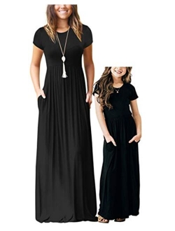 Qin.Orianna Mommy and Me Short Sleeve Loose Plain Family Matching Maxi Dresses with Pockets for Mother's Day