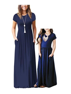 Qin.Orianna Mommy and Me Short Sleeve Loose Plain Family Matching Maxi Dresses with Pockets for Mother's Day