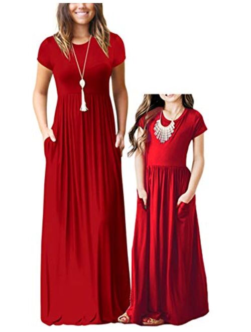 Qin.Orianna Mommy and Me Short Sleeve Loose Plain Family Matching Maxi Dresses with Pockets for Mother's Day