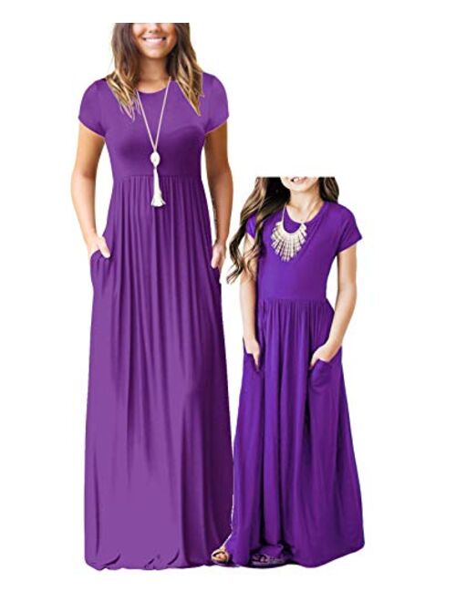 Qin.Orianna Mommy and Me Short Sleeve Loose Plain Family Matching Maxi Dresses with Pockets for Mother's Day