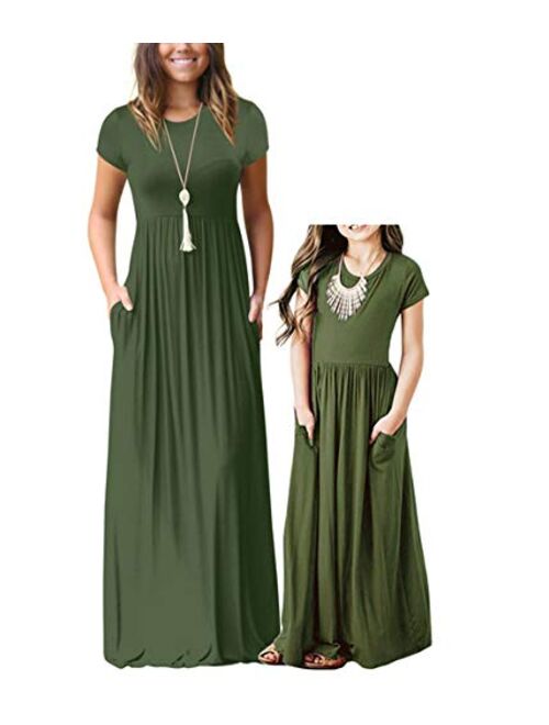 Qin.Orianna Mommy and Me Short Sleeve Loose Plain Family Matching Maxi Dresses with Pockets for Mother's Day