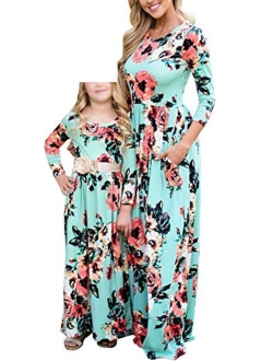 Qin.Orianna Mommy and Me Maxi Dresses,3 4 Sleeve Bohemia Rose Floral Matching Outfits with Pocket