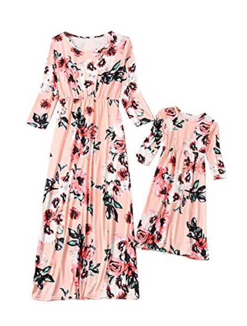 Qin.Orianna Mommy and Me Maxi Dresses,3 4 Sleeve Bohemia Rose Floral Matching Outfits with Pocket